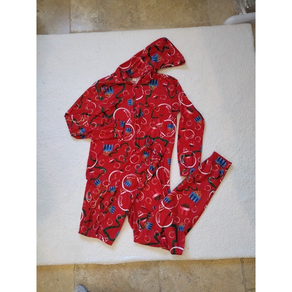 Red Christmas One Piece Hoodie Pajama Unisex Medium‎ AOP With Ornaments Bells - Picture 7 of 8